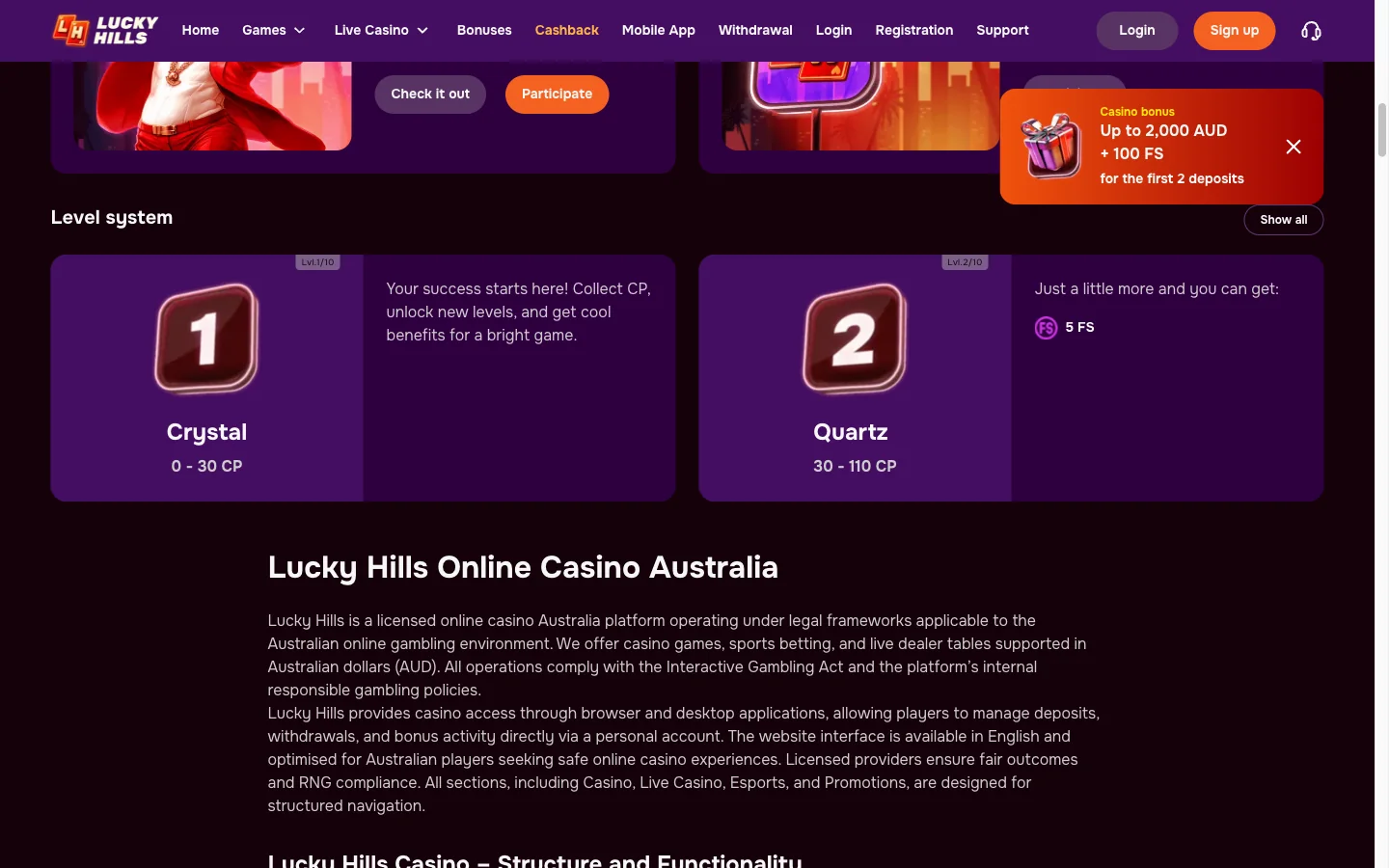 Lucky Hills casino games grid showing pokie tiles with provider and RTP labels